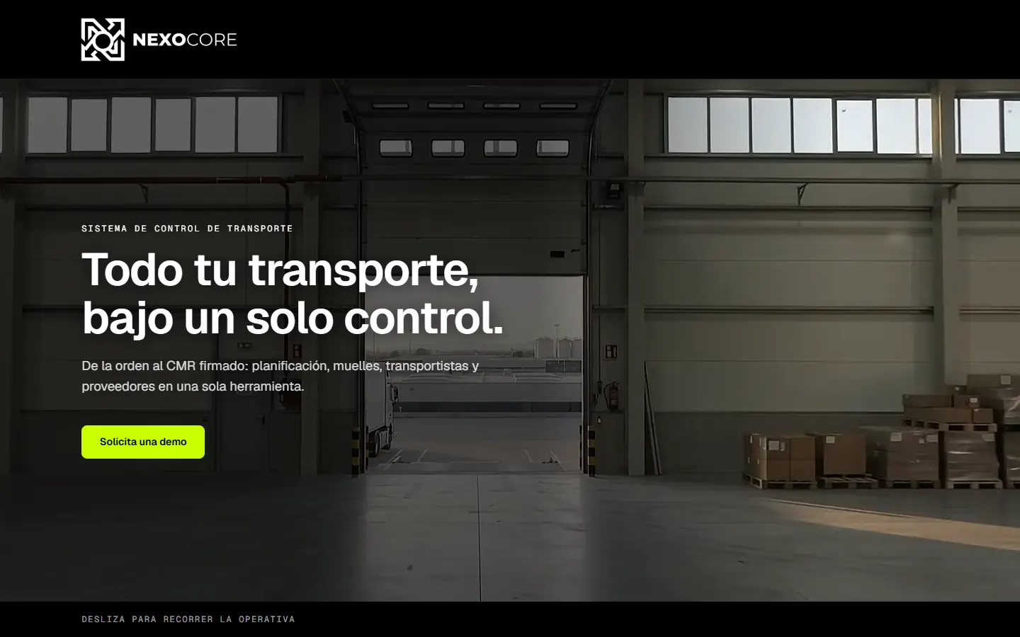 Portada de la landing de Nexocore, un software de transporte